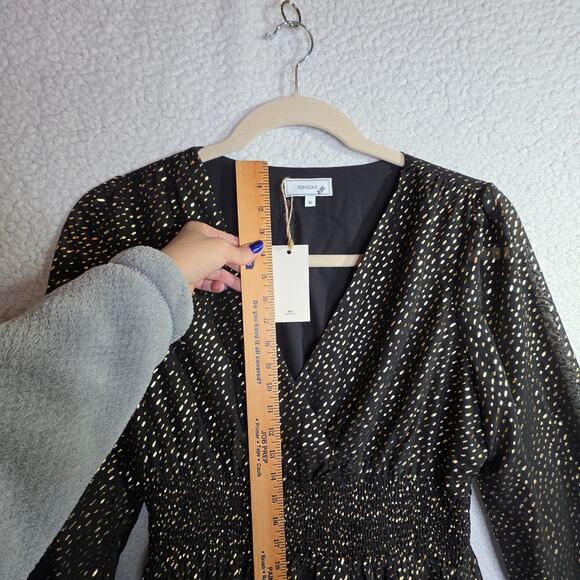 RIHOAS Black Gold Metallic Long Sleeve V Neck Midi Dress XL - Picture 5 of 16